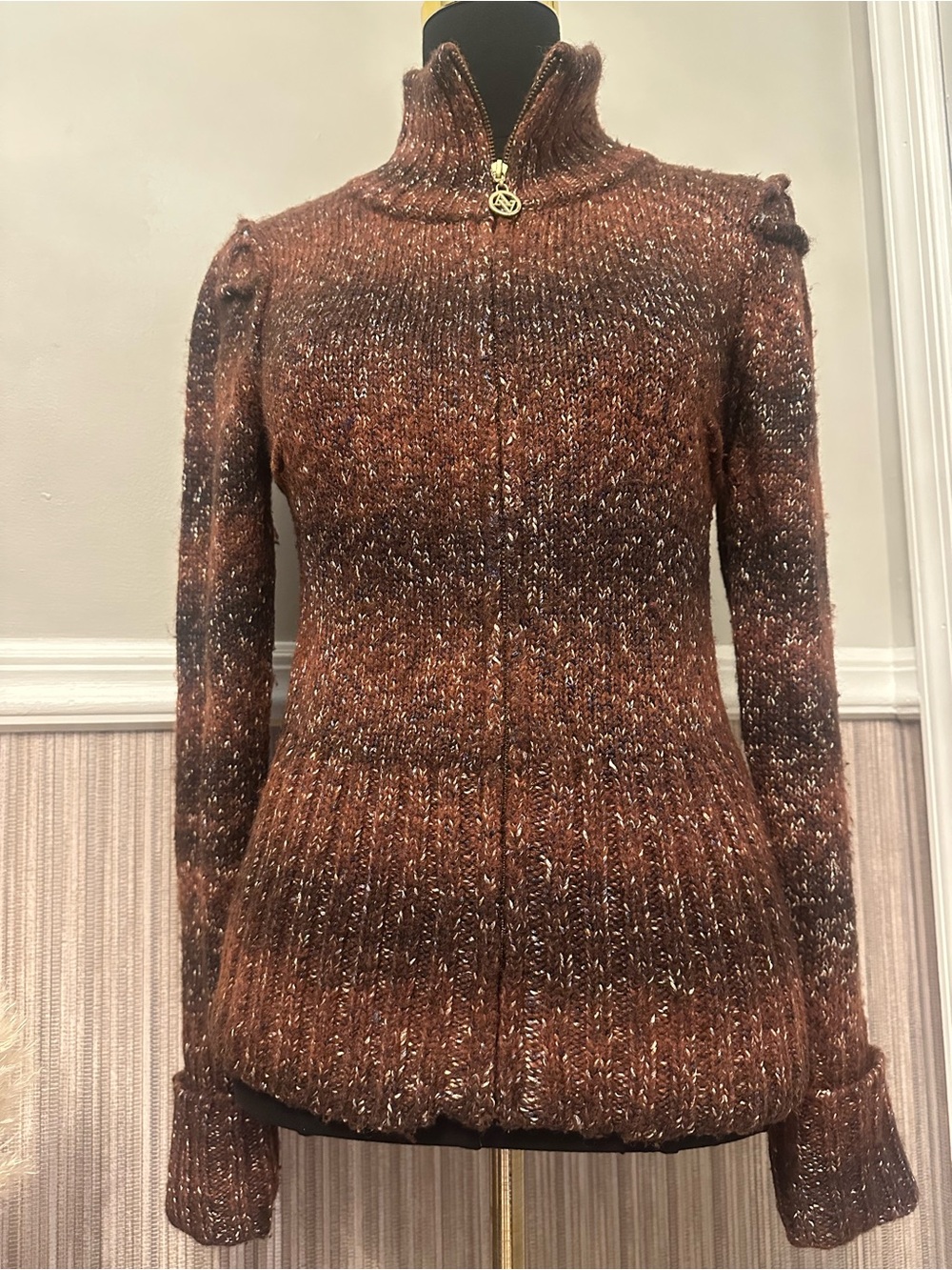 Adrienne Vittadini Studio M Brown Metallic Wool Blend Zip Cardigan Sweater - Picture 6 of 12